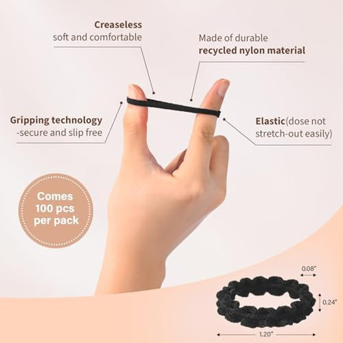100 Small Black Hair Ties - Elastic Bands for Kids & Women