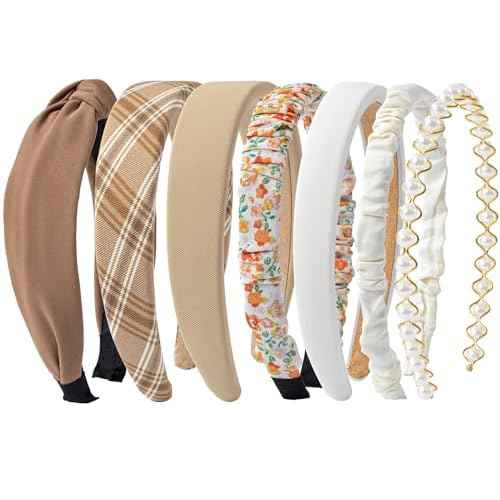 Sunolga 7 Pack Brown Headbands for Women Girls Non Slip Floral Padded Hairbands Cute Pearl Head bands Wide Headbands Trendy Hair Accessories