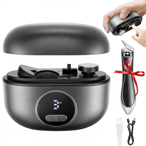 Electric Nail Clipper, 2-in-1 Improved Nail Clippers Set with LED Light & USB Rechargeable, 3 Speed Quiet & Nail Clip Storage for Baby Adults Seniors Thick Nails ?Includes Oblique Nail Clippers (Grey)