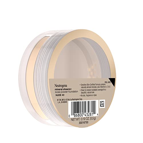 Neutrogena Mineral Sheers Lightweight Loose Powder Makeup Foundation with Vitamins A, C, & E, Sheer to Medium Buildable Coverage, Skin Tone Enhancer, Face Redness Reducer, Nude 40,.19 oz