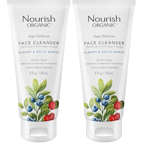 Nourish Organic Face Cleanser, Age Defense Bilberry & Arctic Berries ? Anti-Aging Face Wash with Aloe Vera + Washable Cotton Round (Pack of 2)