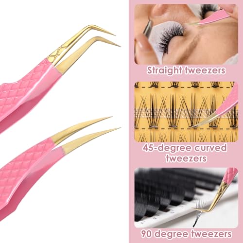 2Pcs Lash Tweezers for Eyelash Extensions 90 Degree Eyelash Extension Tweezers Fiber Tip Lash Tweezers False Eyelash Tweezers Lash Cluster Tweezers for Volume Lashes, Pink