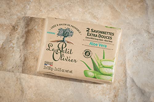 Le Petit Olivier Extra Mild Soap Bars - Aloe Vera - Gently Cleanses Skin - Delicately Perfumed - Vegetable Origin-Based - 2 Pc