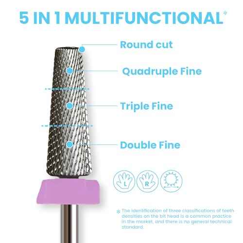 16mm 5 in 1 Tapered Barrel Nail Drill Bits, 3/32'' Safety Tungsten Carbide Bits for Professionals, Right & Left Rotation, Manicure Cuticle Gel Acrylic Removal Polishing, Technicians Bits, Double Fine.