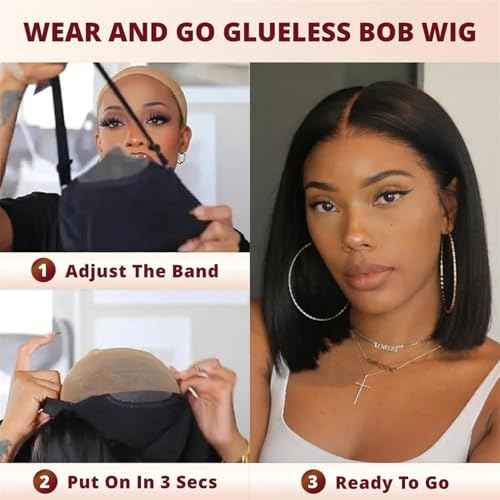 Nakkia 14 Inch Bob Wig Human Hair Pre Plucked Pre Cut HD Transparent Lace Front Wear and Go Glueless Wigs Human Hair for Black Women Short Straight 4x4 Closure Bob Wigs for Beginner