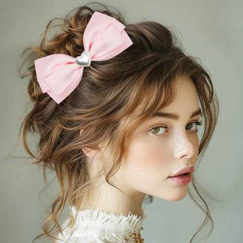 2pcs Pink hair bows for girls, cute bow hair clips for women, light pink hair bow with alligator hair clip, christmas and valentines hair bows, hair accessories for girls