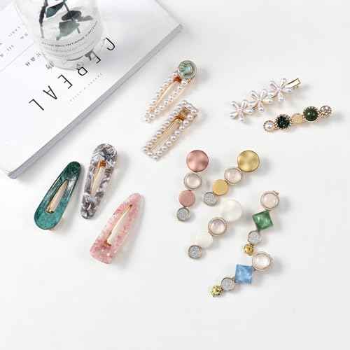 Mehayi 20 PCS Pearls and Acrylic Resin Hair Clips, Handmade Hair Barrettes, Marble Alligator bobby pins, Glitter Crystal Geometric Hairpin, Elegant Gold Hair Accessories, Gifts for Women Girls