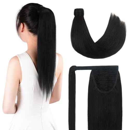 16 Inch Human Hair Ponytail 80g Long Wrap Around Ponytail Natural Black Real Hair Ponytail Extension for Women(16inch,Natural Black)