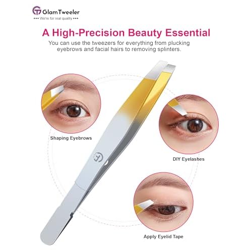 Exclusive G-01 Slant Tip Tweezers, GlamTweeler High Precison Expert Eyebrow and Facial Hair Removal Tweezer with Leather Storage & Carrying Case (Silver & Gold)