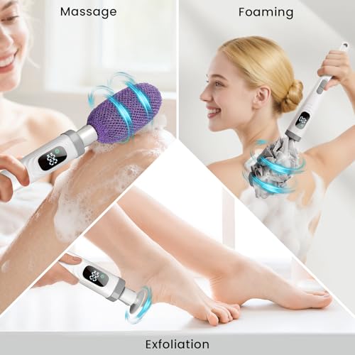 WJX Electric Body Brush with Replaceable Heads ? Rechargeable, Waterproof, 2-Speed Adjustable Back Scrubber for Shower (Snow White)