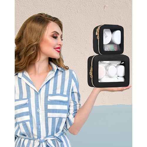 Leather Clear Makeup Bags Set - Travel Clear Cosmetic Bag Case with Zipper, Transparent TSA Approved Toiletry Bags for Travel Essentials Car Accessories for Women (Black, S+M)