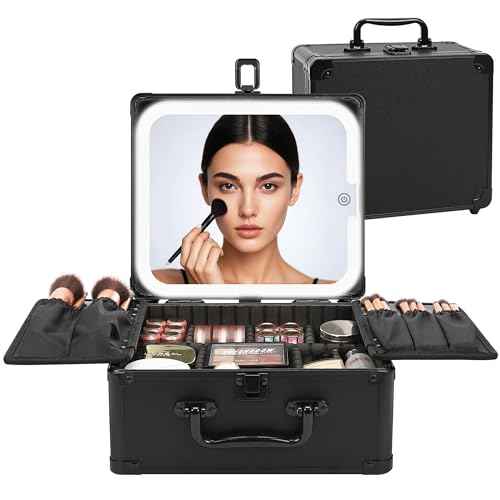 Relavel Makeup Bag with LED Mirror, Makeup Box Travel Train Case with Rechargeable Lighted Mirror & Adjustable Dividers, Cosmetic Brush Organizer Storage for Makeup Artists Gifts for Women and Girls