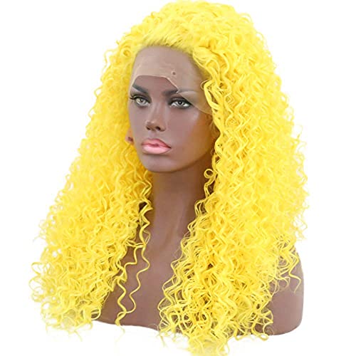 RONGDUOYI Afro Curly Synthetic Lace Front Wigs for Women Bright Yellow Long Curly Wig with Free Part 24Inch Daily Use Cosplay Party Wig