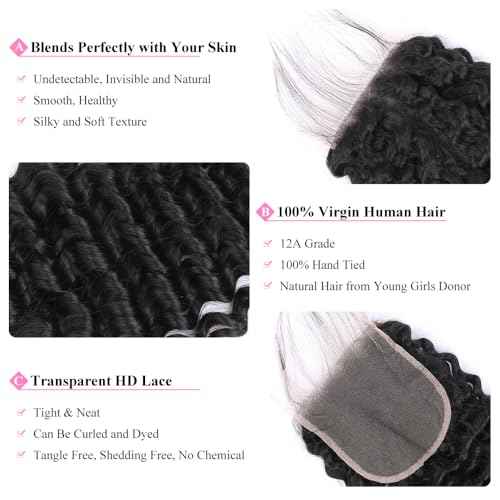 5x5 HD Lace Closure Deep Wave Ultra-thin Transparent HD Lace Closure 12A Brazilian Virgin Human Hair Closure Free Part Pre Plucked with Baby Hair Natural Black 18 Inch