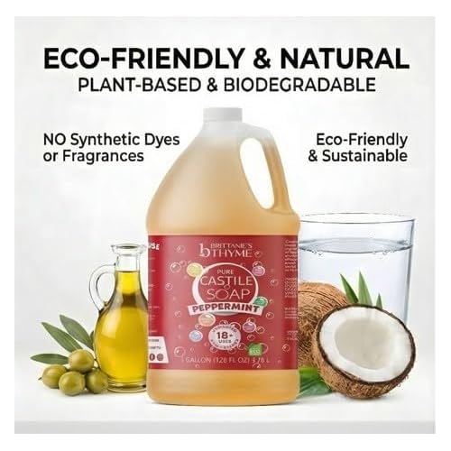 Brittanie's Pure Organic Castile Soap Refill, 1 Gallon Peppermint | Liquid Soap for Face, Body, Hands, Dishes, Pets, Laundry | Vegan, Non-GMO, Gluten-Free, Biodegradable | Made in USA