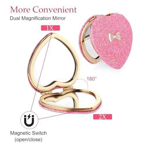 Pink Compact Mirror, Double-Sided Heart Compact Mirror, Magnetic Folding Purse Mirrors Compacts for Girls, Kids, Home Office, Valentine's Day