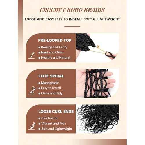 Goddess Box Braids Crochet Hair for Women 14 Inch 8 Packs Boho Crochet Box Braids with Curly Ends Bohemian Pre-looped Braiding Hair Extensions(14inch,1B)