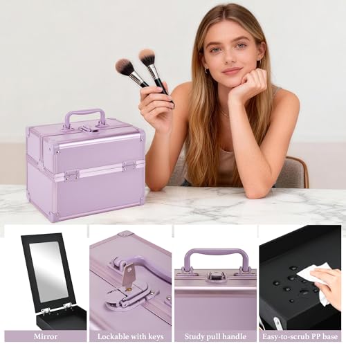Makeup Train Case with Mirror - 2-Tray Purple Cosmetic Organizer