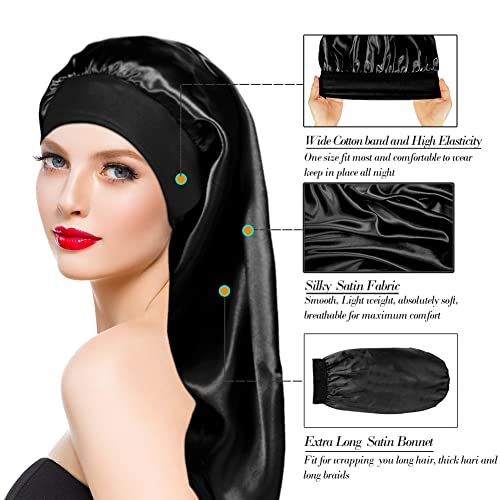 Long Satin Sleep Bonnet for Curly Hair Dreadlocks & Braids - 2 Pack