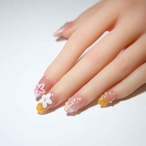 10 Pcs Handmade Reusable Press-On Nails 3D Floral Nail Art Decorations, Pink and White Flowers with Gold Accents Short Almond For Women & Girls, Daily & Party Use (pink2592, XS)