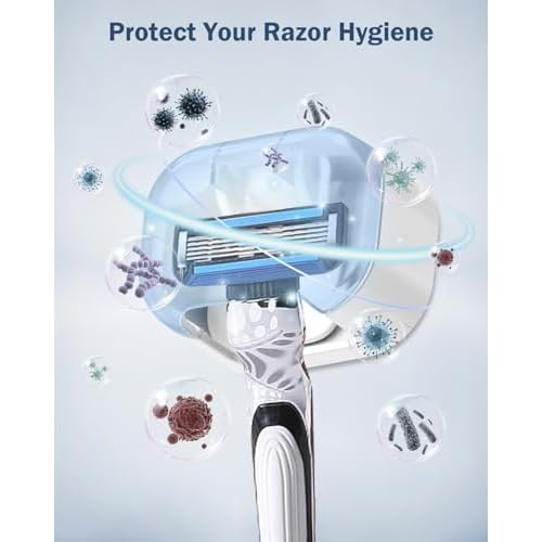 BEZOX Wall Mounted Razor Holder (2-Pack) ? Auto-Closing Dust Cover, No-Drill Adhesive Mount Razors Hanger for Shower & Bathroom ? Sleek Razor Stand for Men, Safety Razor Organizer with Secure Hooks