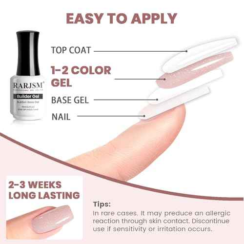RARJSM Nude Glitter Rubber Base Gel Nail Polish Icy Jelly Pink Rainbow Shimmer Rubber Base for Nails Iridescent Brush on Quick Extend Builder Hard Gel Soak Off Curing Requires 15ml French Manicure