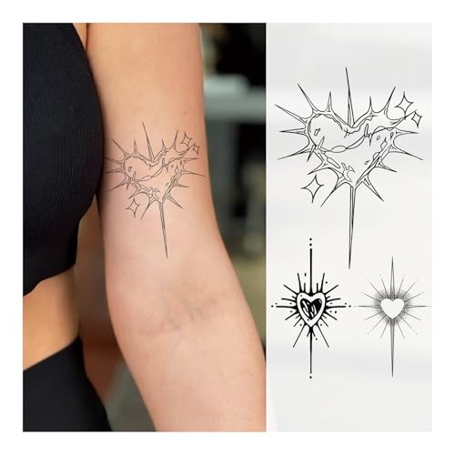 Cyber Heart Temporary Tattoo Set – Liquid Metal Thorn & Starburst, 7–14 Days