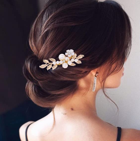 Bridal Wedding Hair Combs Gold Pearl Side Comb Flower Leaves Bride Hair Accessories for Women and Girls (Gold)