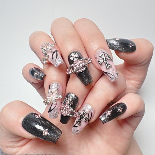 NLSJMP 3D Handmade Long Stiletto Press on Nails Almond Acrylic Fake Nails Kit,Rhinestone Luxury glitter Design Nail Art Kit,Reusable False nails,Include Toolkit,10Pcs,Size S,#986