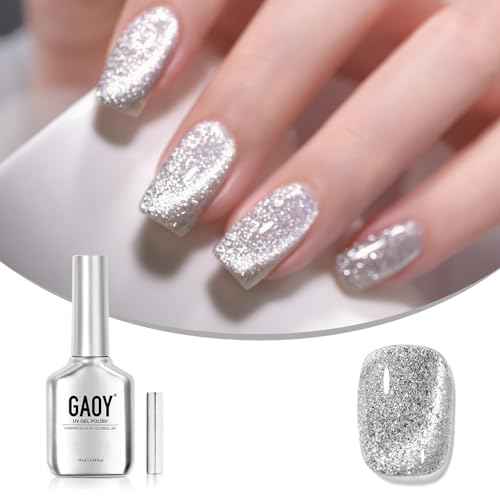 GAOY Platinum Cat Eye Gel Nail Polish, 16ml Silver Glitter Holographic Nail Polish with Magnet, Reflective Translucent UV Gel, 2230 Star Shower