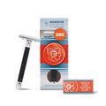 MERKUR 20C Double Edge Safety Razor, Long Handle, Black Anodized Aluminum & Bright Chrome Finish, Three-Piece Design, Closed Comb Straight Bar, Made in Germany