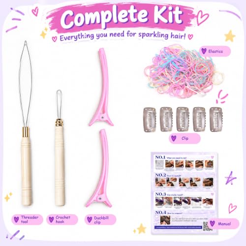 Rose Pink Fairy Hair Tinsel Kit 48 Inch Glitter Hair Extensions for Girls & Women