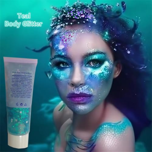 Teal Body Glitter Gel – Holographic Chunky Sequins Makeup