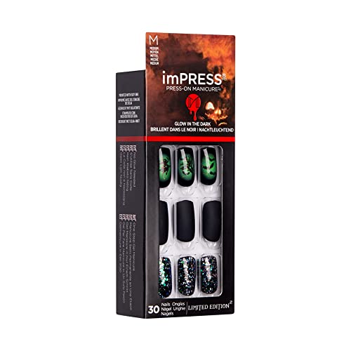 KISS imPRESS Limited Edition Halloween Press-On Nails, Glow-In-The-Dark, PureFit Technology, 'Witchful Thinking’, with Prep Pad, Mini File, Cuticle Stick, & 30 Fake Nails