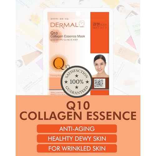DERMAL Q10 Collagen Essence Facial Mask Sheet 23g Pack of 10 - Coenzyme Q10, Anti Wrinkle and Anti Aging, Skin Elasticity, Daily Skin Treatment Solution Sheet Mask