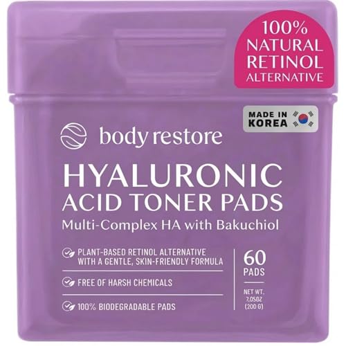 Body Restore Bakuchiol Toner Pads 60 Count ? Gentle Retinol Alternative for Dark Spots & Wrinkles, Korean Skin Care Exfoliating Pads with Niacinamide, Hyaluronic Acid & Bakuchiol Serum, Anti-Aging