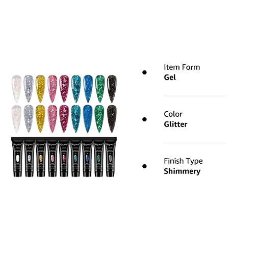 SUPWEE Glitter Poly Extension Gel Set for Nail Builder Nail Strengthen Poly Nail Enhancement with Poly Nail Forms Varnish Soak Off UV Gel Manicure Nail Salon Set 9 Colors 15ML(0.5FL OZ)