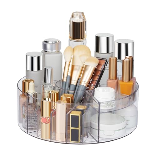 360¡Æ Rotating Makeup Organizer, 10" Clear Turntable Lazy Susan Organizer for Vanity, Bathroom Counter, Cabinet, Spinning Cosmetic Storage Holder with 6 Dividers for Skincare, Makeup Brushes, Lipsticks