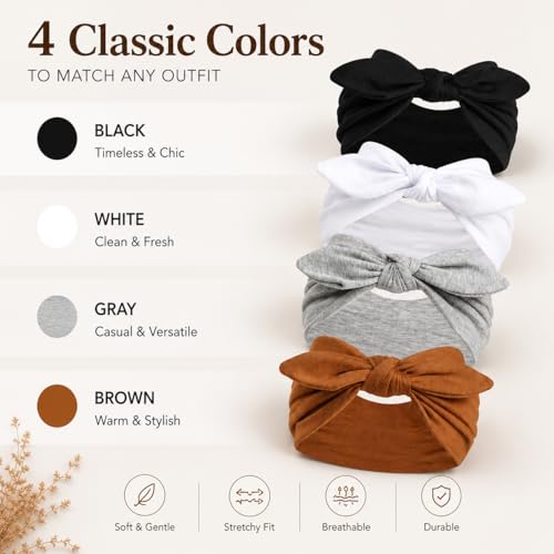 YCKXXL 4 Pack Women's Bow Headbands - Non-Slip Elastic Hair Wraps for Yoga & Workout