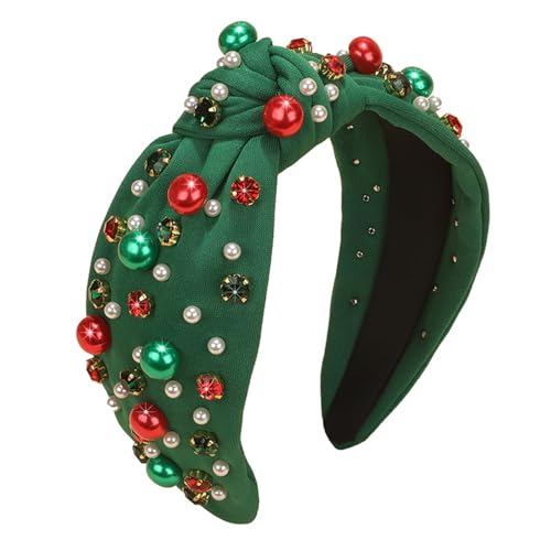 Aodse Christmas Headbands for Women Pearl Rhinestone Hairband Knotted Crystal Head Band Non Slip Wide Top Knot Headband Holiday Jeweled Hair Accessories (Xmas Green)