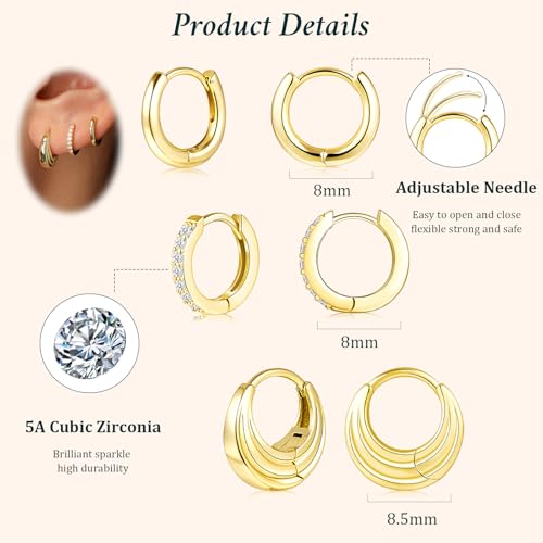 Poxtex Gold-Moon Hoop Earrings Set for Women - Hypoallergenic 14K Gold Plated Small Huggies, Dainty Stacks for Multiple Piercings, Gift Ready