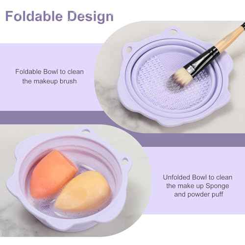 Makeup Brush Cleaner, Etercycle Foldable Silicone Brush Cleaner Bowl Srubber, Portable Washing Tools for Makeup Brush,Powder Puff,Sponge (Purple)