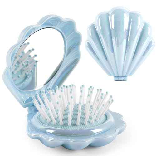 Metallic Shinning Finish Foldable Travel Hair Brushes with Mirror Shell Shape Portable Folding Pocket Hairbrush Mini Hair Comb Purse Compact Size Hair Massager (Blue)