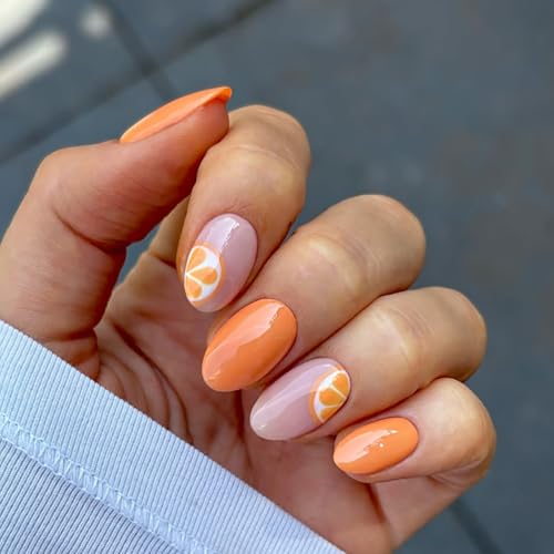 Short Almond Press On Nails - Orange Acrylic Fake Nails for Women
