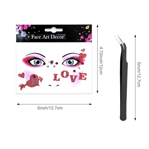 3PCS Valentine's Day Face Heart Gems Stickers for Women Girls Eyes Body Face Glitter Rhinstone Temporary Tattoos Red Love Self Adhesive Stick for Makeup Holiday Party Supplies