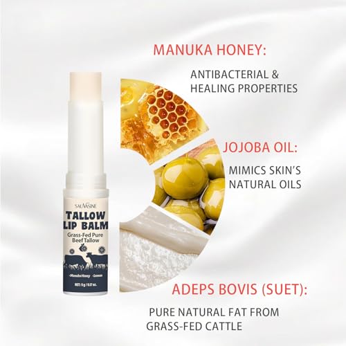 2PCS Tallow Lip Balm With Grass-Fed Beef Tallow & Manuka Honey Long-Lasting Moisturizing Lip For Cracked and Dull Lip, Natural Balm 5g/0.17oz