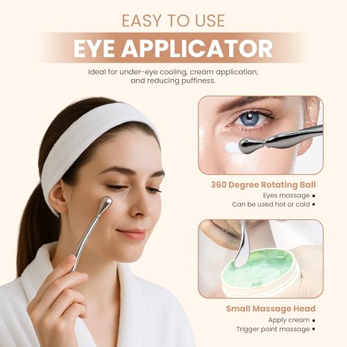 Ice Globes with Storage Bag - Facial Cryo Rollers, Cooling Eye Applicator, Massage Beauty Balls for Face, Stainless Steel Cryoglobes, Icing Cream Stick, Metal Skin Massager for Women (Gold)