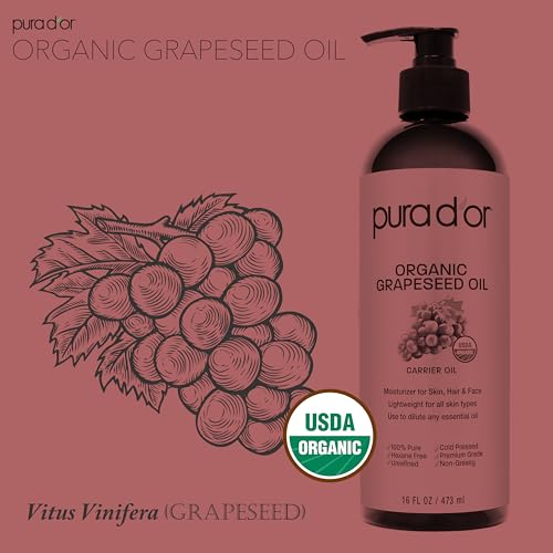 PURA D'OR 16 Oz Organic Grapeseed Oil-100% Pure&Natural USDA Certified Cold Pressed Carrier Oil-Light&Silky,Unscented,Hexane Free Liquid Moisturizer-Face Skin-&Hair-Men-&Women,(Pack of 2)