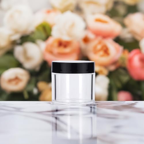 (12 pack) 1 oz Clear Plastic Jar with Black Lids Refillable Storage Organization