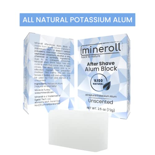 After Shave Alum Block, All Natural Potassium Alum, For Women and Men, Alum Stone, Styptic Skin Soothing, Anti-Ingrown Hair Alum Bar, Shaving Accessory, Unscented, 2,5 oz